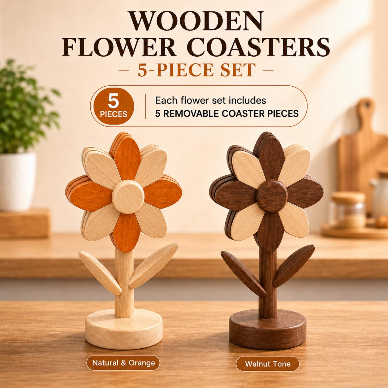 Cycayit 5-Piece Wooden Flower Trivets for Hot Pots and Pans with Storage Stand - Flippable Beech Wood Wooden Trivet Tree, Hot Pads for Kitchen, Tree Trivet, Trivets for Hot Dishes, Kitchen Gifts