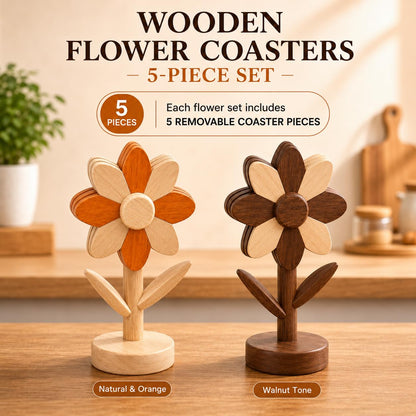 Cycayit 5-Piece Wooden Flower Trivets for Hot Pots and Pans with Storage Stand - Flippable Beech Wood Wooden Trivet Tree, Hot Pads for Kitchen, Tree Trivet, Trivets for Hot Dishes, Kitchen Gifts