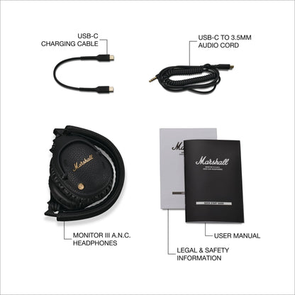 Marshall Monitor III A.N.C. Over-Ear Bluetooth Headphones - Active Noise Cancelling with Microphone | 100+ Hrs Wireless Playtime | Lightweight, Foldable Design for Travel - Black