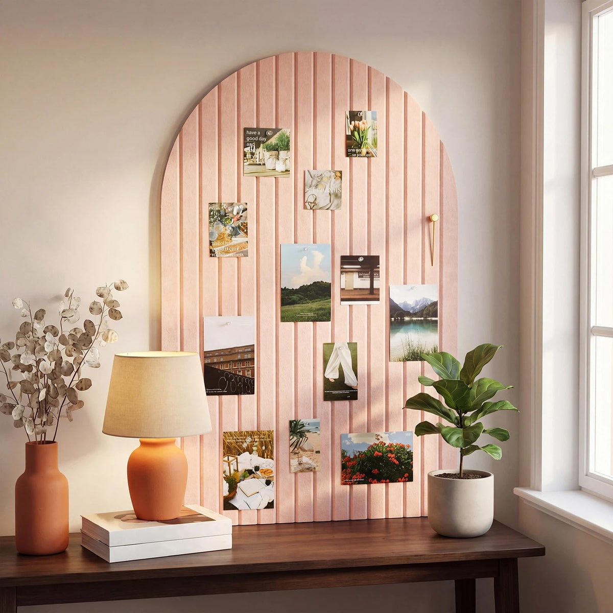 Mindsoft 2 Pcs 35" x 24" Large Integrated Arched Felt Bulletin Board - Foldable Cork Board Alternative - No Assembly Wall Decor for Office, Bedroom & Home Display Photos (Pink)