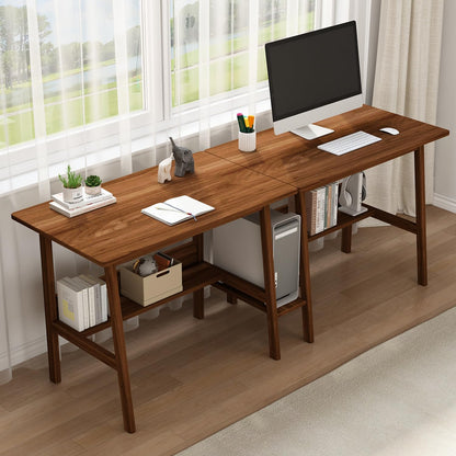 NELYE 2-Person Writing Desk with Bookshelf - 79" Wooden Extra Long Home Office Work Table, Double Study Computer Workstation with Storage Shelves in Walnut, 79" W x 24" D