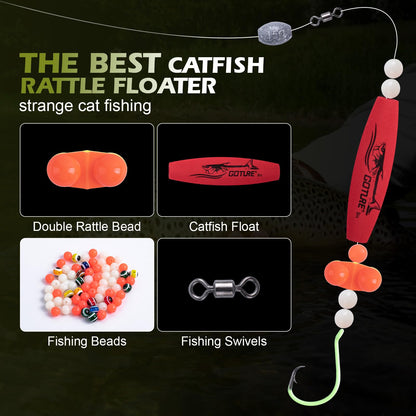 Goture Catfish Rig Making Kit,300pcs Catfishing Tackle with Luminous Fishing Hook Swivel Sinker Weights Rattle Float Bobber Stoppers,Catfish Rigs Accessories with 3600 Tackle Box,Gifts for Men
