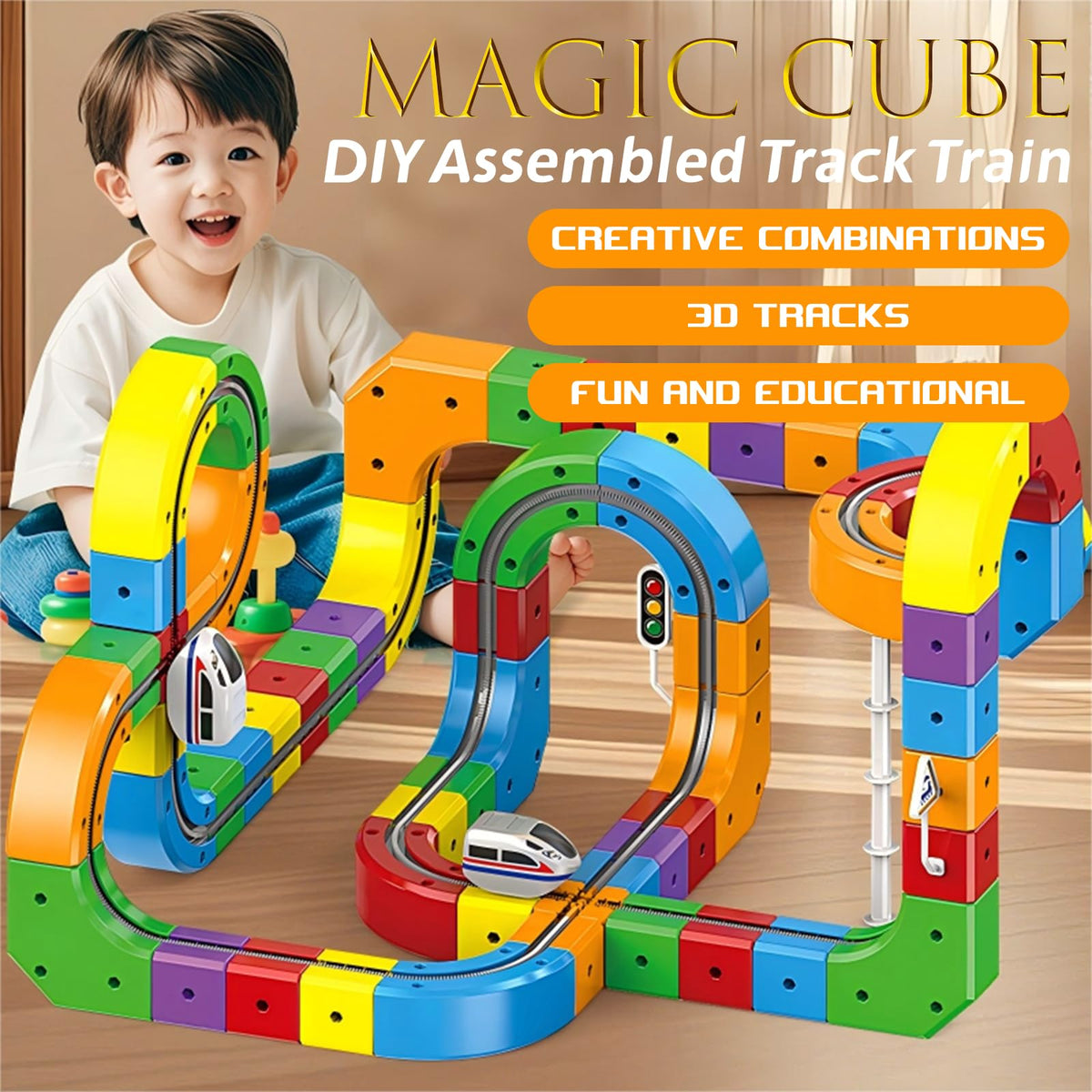 Magnetic Suction Rail Electric Train Set 3D Magic Flexible Race Track, 123 Pcs Race Car Track Block with Anti-Gravity, Educational Toy Boys Girls Birthday (123 PCS)