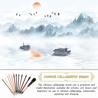Marspark 12 Pieces Chinese Calligraphy Brushes Painting Writing Watercolor Ink Brushes Set for Kanji Japanese Sumi Drawing with Roll-up Holder