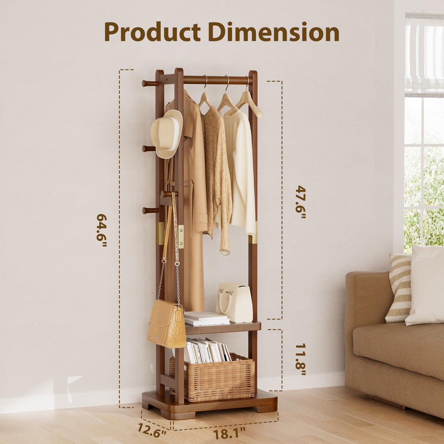 Taitiy Entryway Shoe Storage Bench with Leather Cushion + Solid Wood Clothes Rack with 2 Shelves