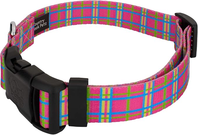 Country Brook Petz - Bubblegum Pink Plaid Everyday Collar and Leash - Plaid and Argyle Collection Featuring Charming Designs (5/8 Inch, Small)
