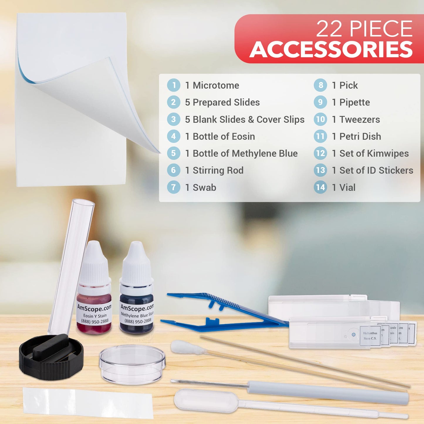AmScope Microscope Slide Preparation Kit - Includes Blank Microscope Slides, Eosin Red & Methylene Blue Stain Powders, Tweezers, Swab & More - 22-Piece Kit
