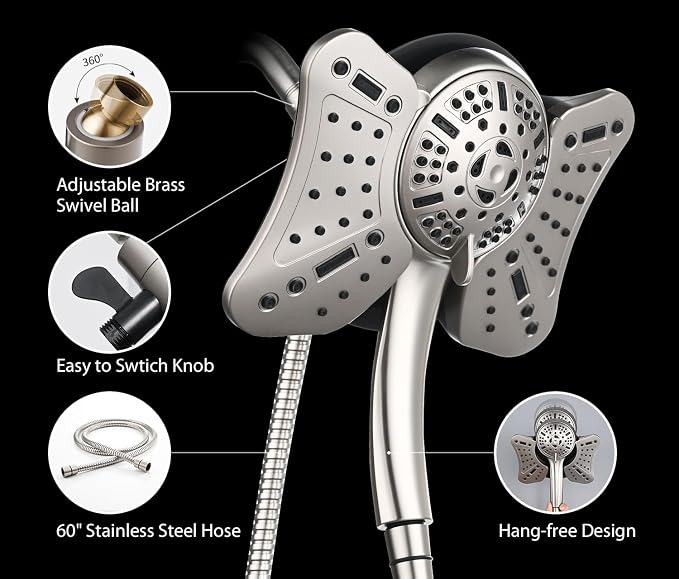 GRICH 1.8GPM Shower Head with Handheld Spray Combo: 2 in 1 Rainfall Shower Heads high pressure & Handheld Shower Head, 9 Spray Modes/Settings Detachable Shower Head with 60 Inch Hose, Nickel