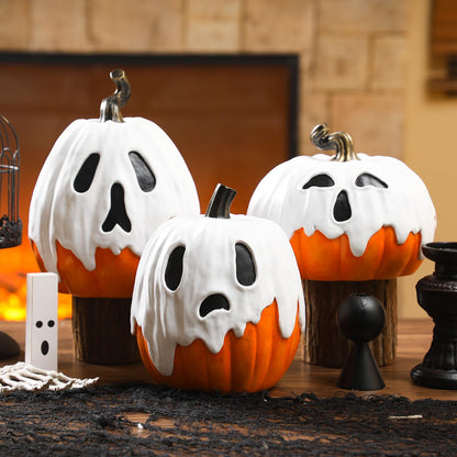 Colingmill 3 PCS Halloween Ghost Pumpkin Decoration - 9.8" 8.7" 7.1" Large Resin Jack O Lantern Ghost Pumpkin Spooky Figurine Set for 2025 Fall Statue Decoration Indoor Outdoor