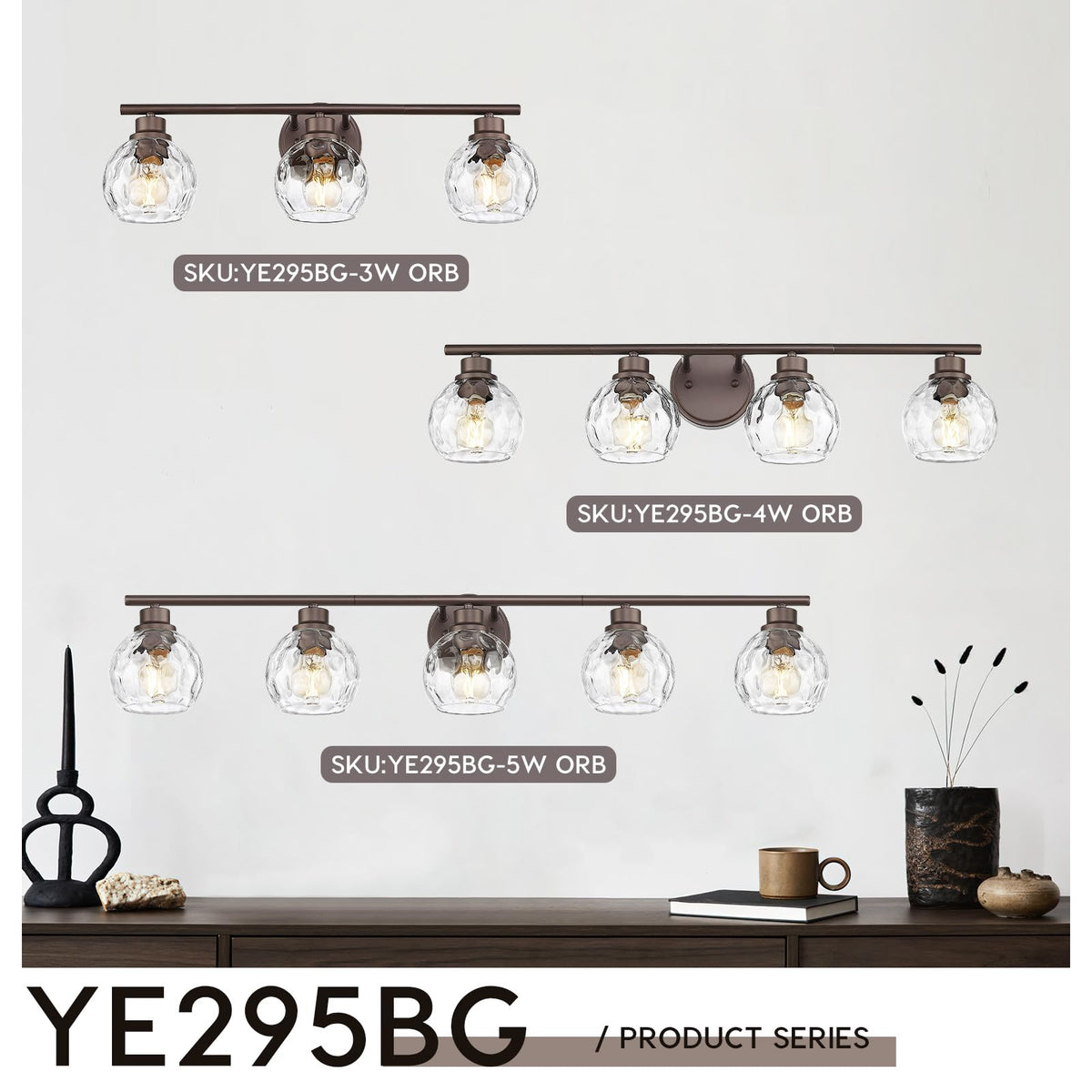 Emliviar 3-Light Bathroom Vanity Light, Water Ripple Globe Glass, Oil Rubbed Bronze Finish, Model YE295B, 25 Inch