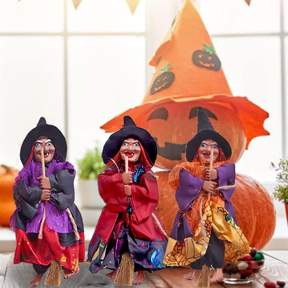 Gawertoy Halloween Witch Ornaments 3 PCS, 8" Flying Witch Figures on Broomsticks, Haunted House Hanging Props