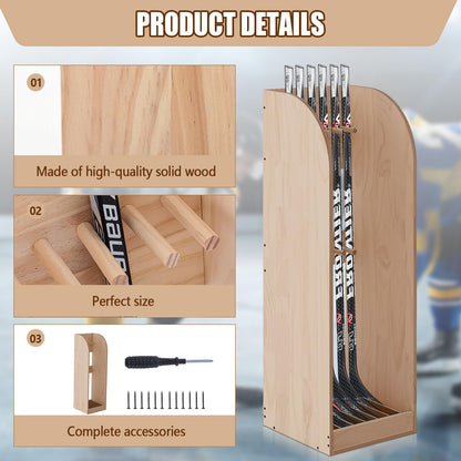 Cinnvoice 38 Inch Vertical Hockey Stick Rack Wooden Hold 7 Hockey Sticks Holder Stand Organizer for Players Display Home Garage Storage(Walnut)