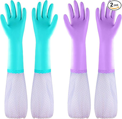 Elgood Reusable Long Sleeve Dishwashing Cleaning Gloves with Latex Free,Cotton Lining,Kitchen Gloves 2 Pairs,Purple+Blue M