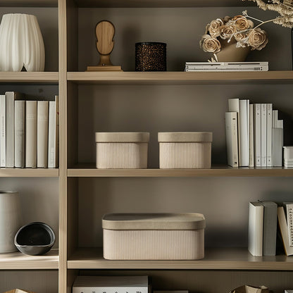 La Jolie Maison Fluted Cardboard Storage Baskets with Leather-Like Lids, Sturdy Stackable Paper Boxes Decorative Tray,Set of 3 Ivory