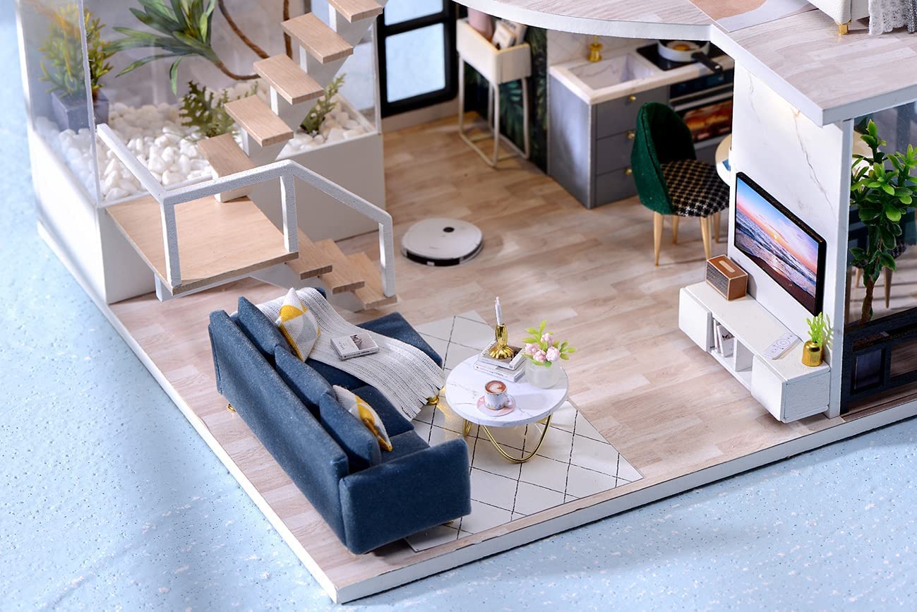 CUTEROOM DIY Miniature Dollhouse Kit with Furniture, Wooden Doll House Kit with LED Lights (L032)