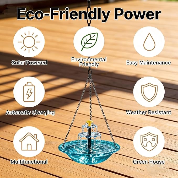 Solar Fountain for Bird Bath，Solar Cascade Hanging Bird Bath Fountain，Large Humming Birds Baths Fountains, with Solars Pump & Glass Bowl, for Outdoor, Gardens (Pink)