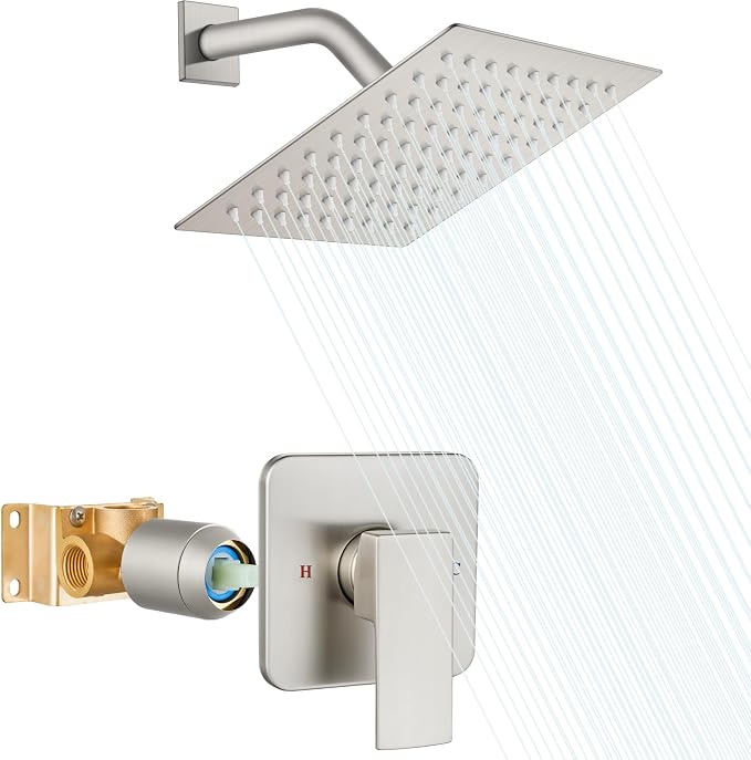 Heyalan Shower Faucet Set with Valve, Bathroom Rainfall Shower System, Wall Mount Single Handle Shower Trim Kit, Rainfall Fixed Shower Head, 8 Inch Square Shower Head,Brushed Nickel