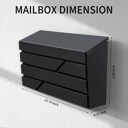 Wall Mount Mailbox for House Outside, Large Capacity Mailbox Drop Box, Galvanized Steel and Rust-Proof Metal Post Box, 15.74"x9.84"x4.33", Black, MD065