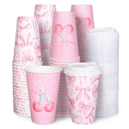 FYSUIMU 50 Pcs Pink Bow Coffee Paper Cups Cherry Bowknot Coquette 16 Oz Disposable Cups with Lids for Hot Cold Drinks Birthday Baby Shower Bachelorette Party Supplies, 2 Designs
