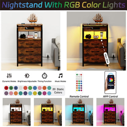 SZLHANJZ End Table with Charging Station, Nightstand with LED Lights and 3 Drawers, Small Night Stand with Fabric Storage, Retro Side Table for Bedside, Living Room Dorm, Rustic Brown