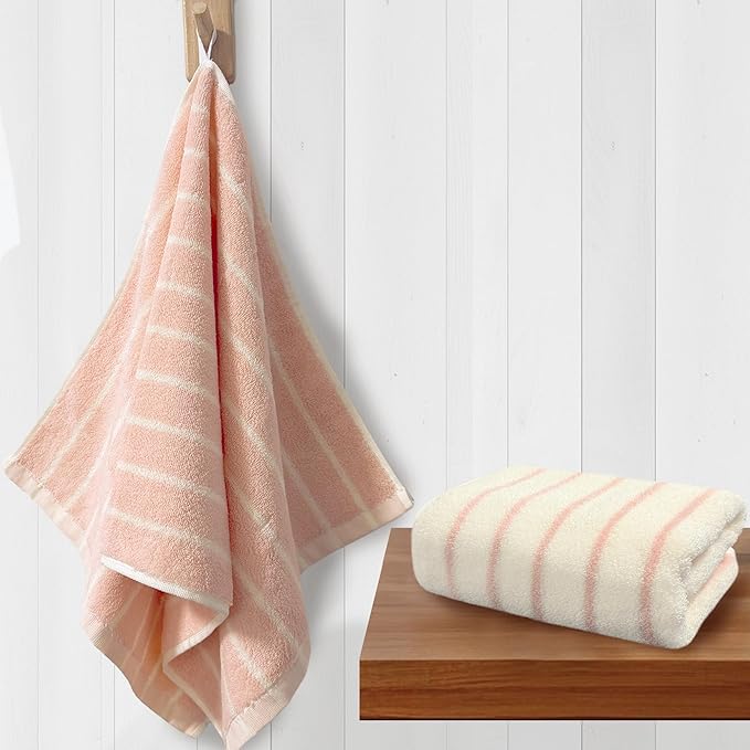 VOOVA & MOVAS Pink Stripe Natural Cotton Hand Towels Set of 2, Bathroom &