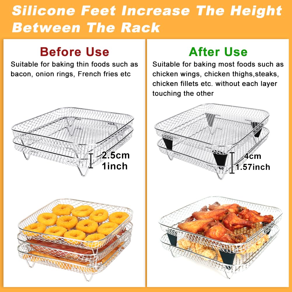 BYKITCHEN 8 inch Square Air Fryer Rack, 3pcs Stackable Stainless Steel Dehydrator Rack with Silicon Feet, Square Air Fryer Accessories for Cosori, Instant Vortex, Ninja Pro XL 6.5 QT AF181 & More