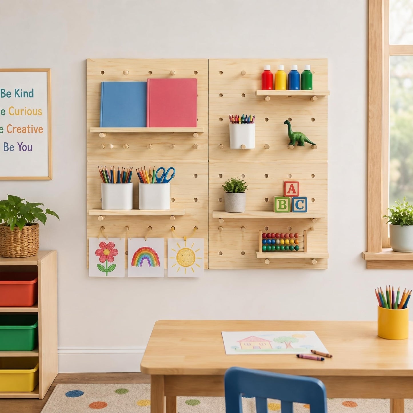 Gerrii 4 Pack Wood Pegboard Wall Organizer for Classroom 11.81 x 15.75 Inches Wooden Peg Board with Racks Hooks Modular Pegboard Organizer System for Teacher Supplies Student Work Display Office Craft