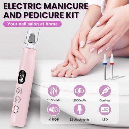Electric Nail Drill, Cordless 2000 mAh Rechargeable Portable Nail File 12 in 1 Kit for Thick Toenails, 10 Speeds Nail Dril Machine Professional Manicure Pedicure for Hand Natural Nails Care (White)