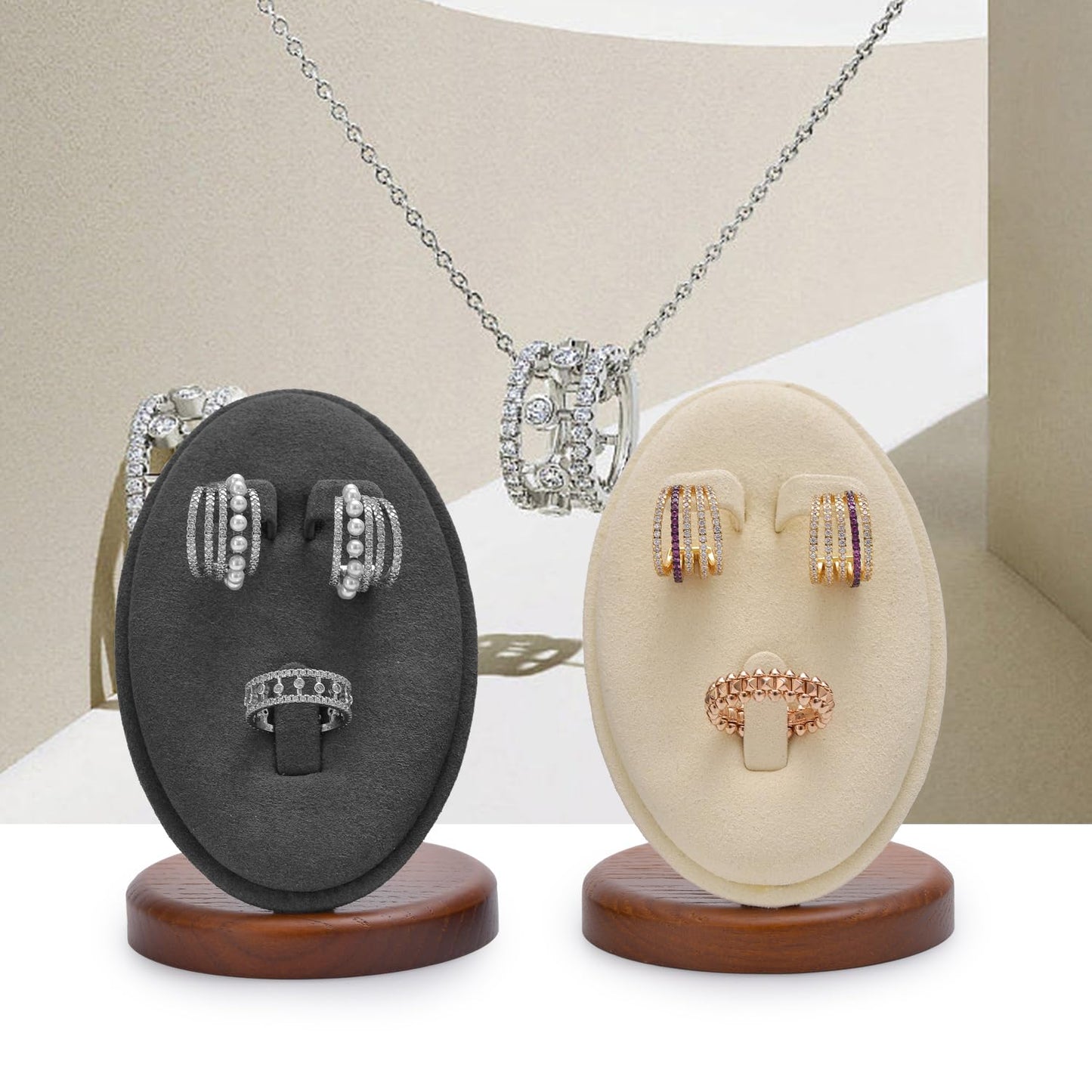 Woodten Solid Wood Jewelry Display Set Stand Jewelry Earrings Ring Stand Display Showcase(Grey)