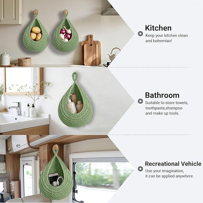 Halidali Hanging Fruit Baskets for Kitchen, 3 Pack Boho Cotton Rope Handwoven