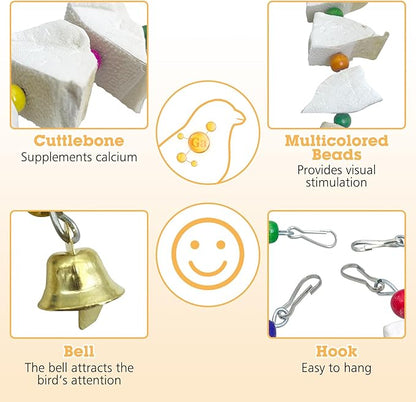 BNOSDM Bird Toys with Cuttlebone 4 Pack Hanging Cuttle Bone Chew Toys Natural Bird Beak Grinding Stone Parakeet Calcium Toys Bird Cage Accessories for Budgies Cockatiels Lovebirds Conures Parrots (12)