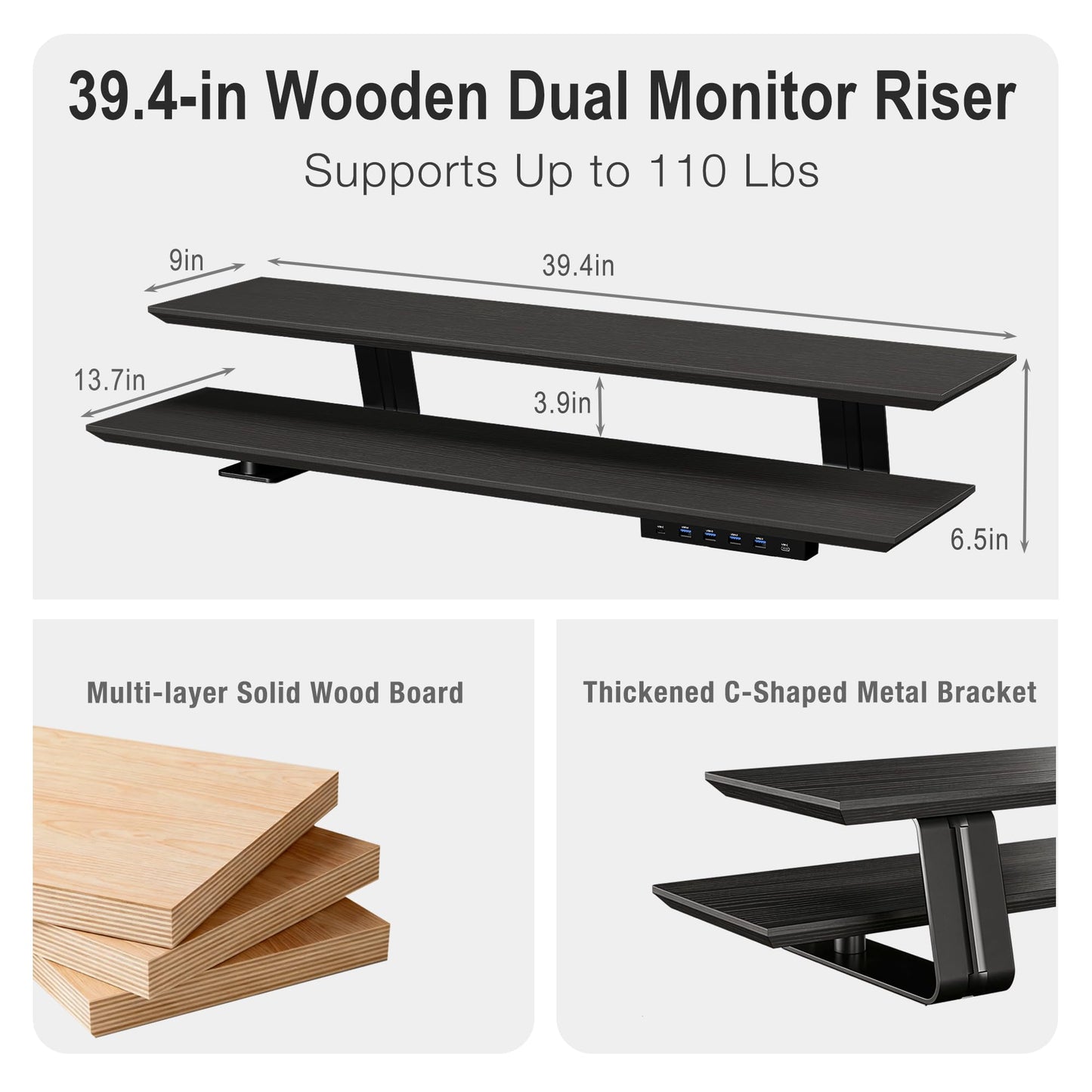 Furnny 2-Tier Dual Monitor Riser with 6-Port Hub – 39.4" Extra Wide Solid Wood Plywood Desk Stand for Dual Monitors, 30w Fast Charging USB C/A Ports, Heavy Duty Desk Organizer, Black Wood Grain Finish
