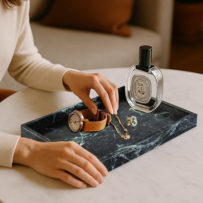 Koville Natural Marble Tray, Coffee Table Vanity/Decorative Tray for Jewerly, Watch, Perfume Candle Storage for Bedroom/Bathroom/Kitchen Countertop
