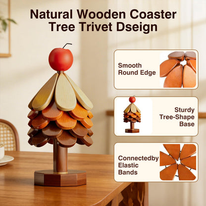 Wooden Trivets for Hot Dishes Tree Trivet Set with Apple Topper, 5-Layer Wooden Hot Pad for Table Protection, Foldable Heat Resistant Mat, Festive Coaster & Holiday Kitchen Decor