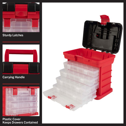 Portable Tool Box - Small Parts Organizer with Drawers and Customizable Compartments for Hardware, Fishing Tackle, Beads, or Crafts by Stalwart (Red)