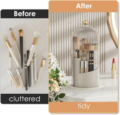YOOLENS Makeup Brush Holder with Lid 360 Rotating Clear Dustproof Make Up Organizers for Vanity Bathroom Countertop, Transparent | with Lid