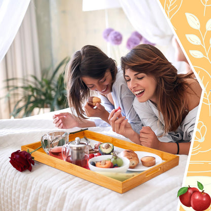 Geelin 4 Pcs 18 x 13 x 1.4 in Large Bamboo Serving Tray with Handles Rectangular Wooden Breakfast Tray Dinner Tray Decorative Coffee Tea Platter for Living Room Bedroom Kitchen Dinner Table Outdoors
