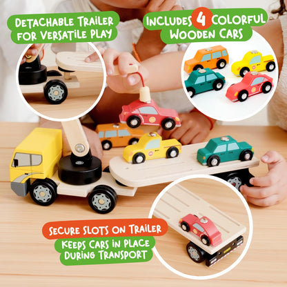 Nene Toys Magnetic Car Loader with 4 Cars and 1 Semi-Trailer Wooden Truck for Kids 2+ Year Old - Interactive Crane Wooden Toy - Vehicle Toys for Boys Girls - Educational Toy for Toddlers Ages 2+