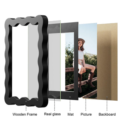 THKRLOF 11x14 Picture Frame with Mat for 8x10, Wavy Edge Wooden Real Glass Photo Frame for Wall Hanging, Black, 1 Pack