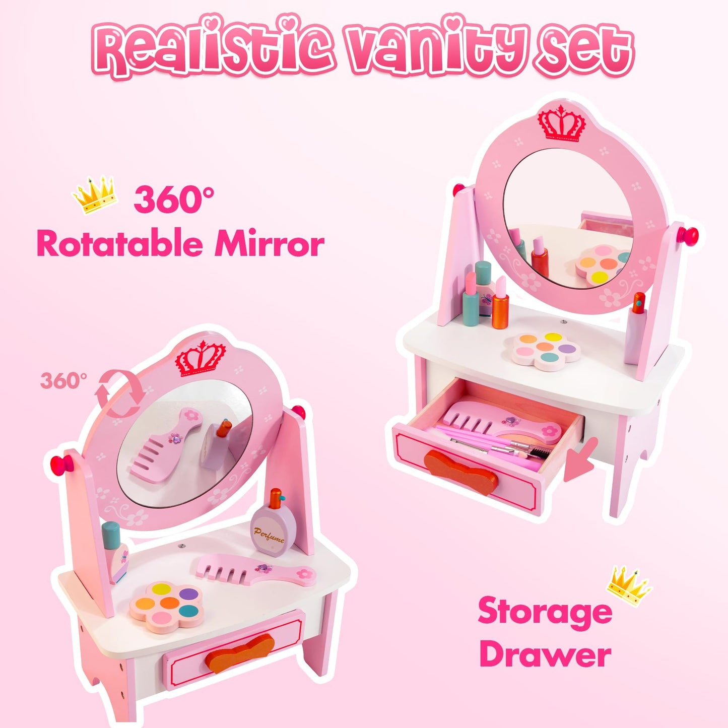 Kizfarm Wooden Dollhouse Furniture Set and Wooden Vanity Set for Kids