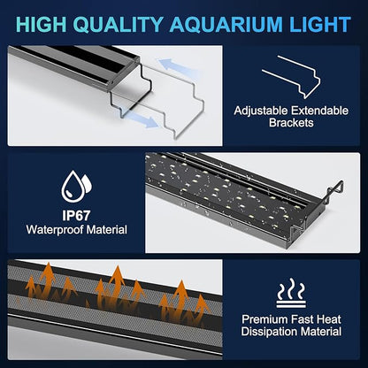 AQQA LED Aquarium Light for Plants, 24/7 Mode Full Spectrum Fish Tank Light with 3 Light Modes, Adjustable Timer/Brightness, Memory Function, Extendable Brackets for Freshwater for 12-18 Inch Tank 14W