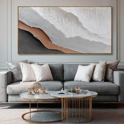 Textured White Wall Art,Grey Abstract Artwork,Large Framed Modern Pictures,Wave Landscape Oil Painting 24"x48"for Home Office Gallery