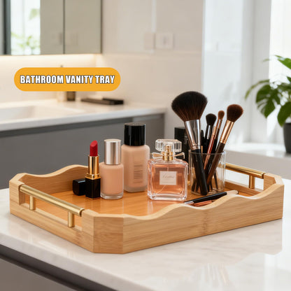 Decorative Bamboo Serving Tray Set with Gold Metal Handles, 2 Pack Ottoman Coffee Table Trays, 14.5x9.8 and 15.75x11 Inches (Bamboo Color)