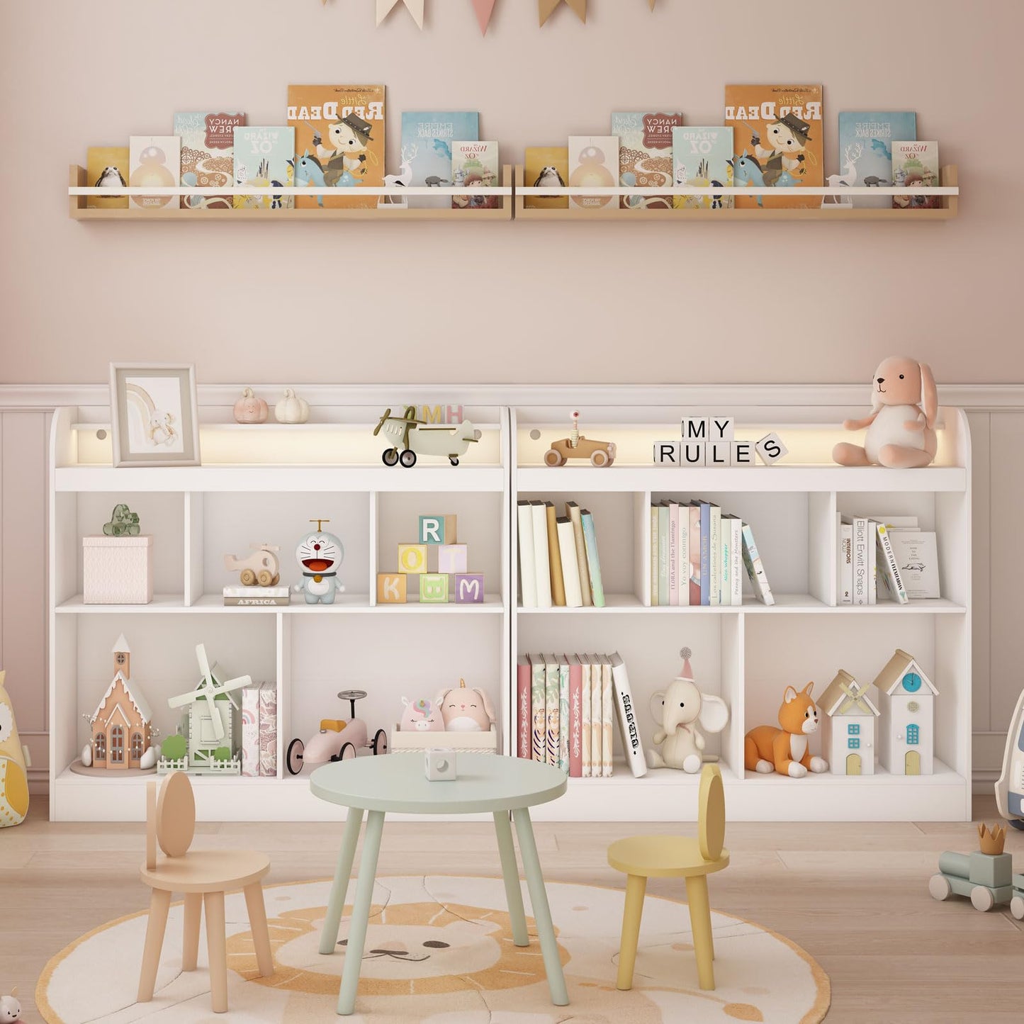Lkeiyay Open Shelf Kids Bookcase,Montessori Toy Organizer with LED Lights - White Wooden Open Bookcase for Kids, Bedroom, Back to School,Playrooms & Nurseries