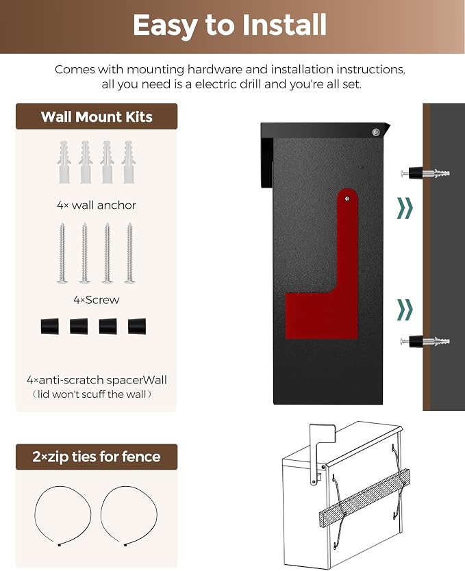 Modern Mailboxes for Outside, Metal Wall Mount Mailbox, with One Flag Kit and Three Sets of Mailbox Number Stickers, 3.9" D×14.2" W×10.2" H, Rust Resistant Coating Mail Boxes for House, Black AMB07B