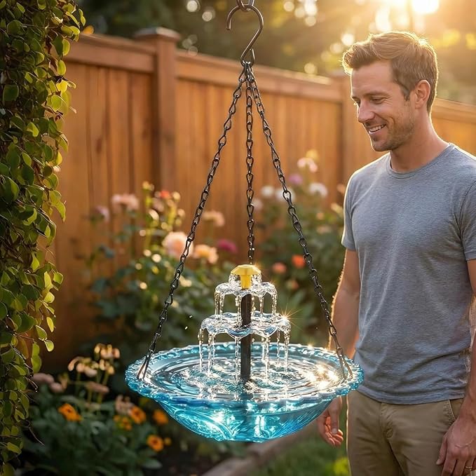 2026 Solar Cascade Hanging Bird Bath Fountain - 3 Layers Outdoor Water Feature for Hummingbirds, Easy-Clean 9.3" Glass Basin with Solar Powered Pump, Attract Wild Birds to Garden, Patio (Gray)