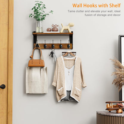 FNBAR Wall Hooks with Shelf, Wood Coat Rack with Shelf Wall-Mounted, Entryway Hanging Shelves with 5 Metal Hooks for Clothes Hats Towel Purse Robes, Bathroom Mudroom Bedroom, Rustic Brown