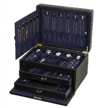 Homruilink Genuine Leather Jewelry Box - 3 Layer Large Jewelry Organizer with Mirror, Lockable Jewelry Box for Women - Necklace, Ring, Earring Organizer with Drawer - Fathers Day Gift (Black)