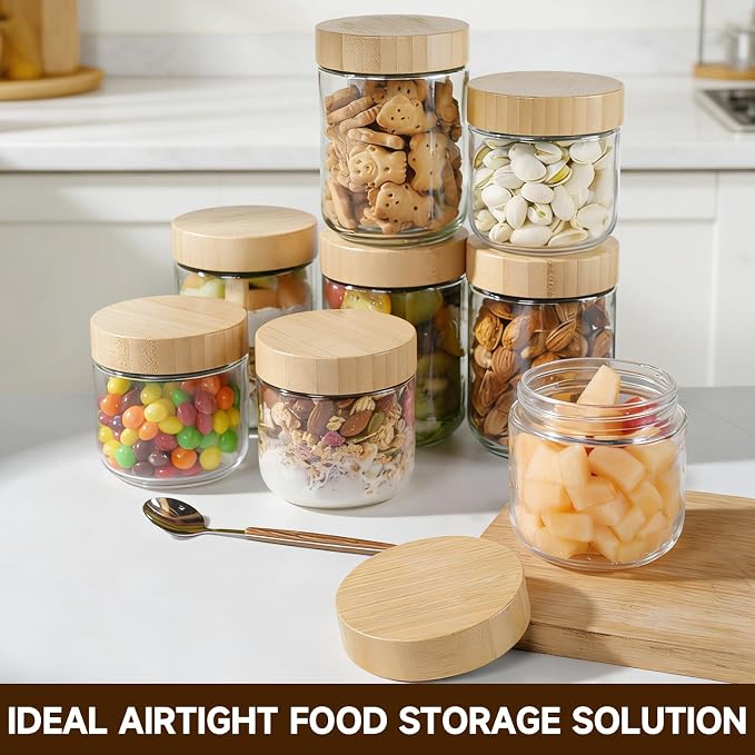 Agotglmi Glass Jars with Airtight Lids, Overnight Oats Containers Set of 8(16oz & 8oz), Wide Mouth Mason Jars for Meal Prep, Salad, Snack, Food Storage, Bathroom Organizer & DIY Crafts with 2 Spoons