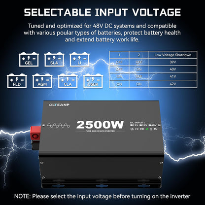 48V 2500W Pure Sine Wave Inverter 48V DC to 110V AC, 5000W Peak Power, 4 AC Outlets, USB & Type-C Port, Adjustable Input for Lithium Battery, Solar/Off-Grid Backup with LCD Remote